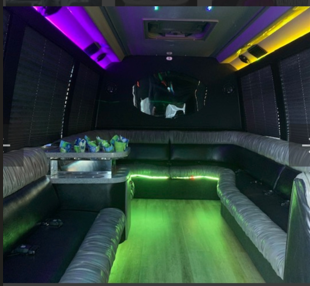 Party bus interior — wraparound lounge with LED floor