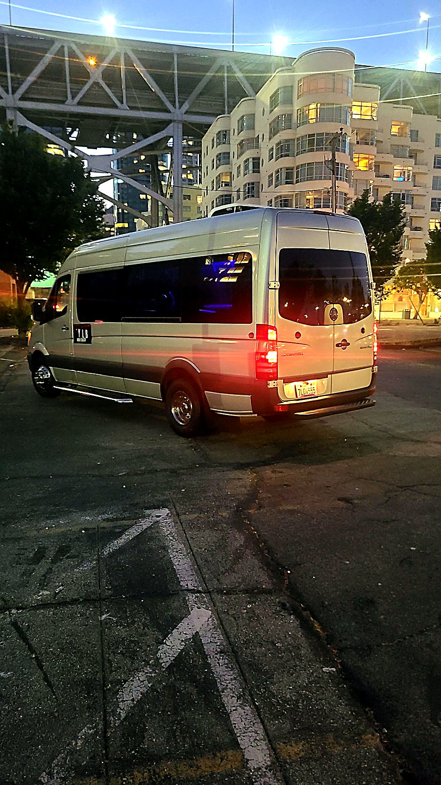 Party bus interior with purple LED lighting